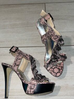Pink Snake-Print Beaded Platform Pleaser Sandals